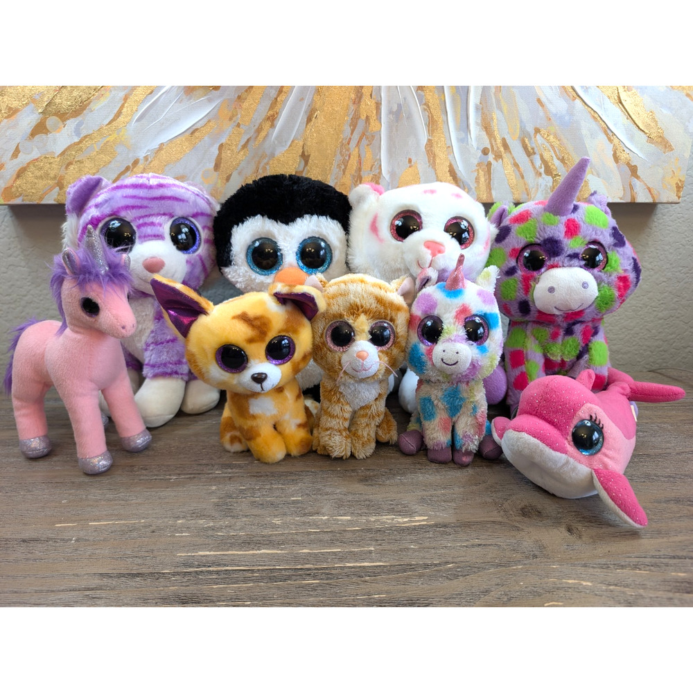 TY Beanie Boo Plush Lot 9 Mixed Animals Unicorn Dolphin 8in & 5in No Tags